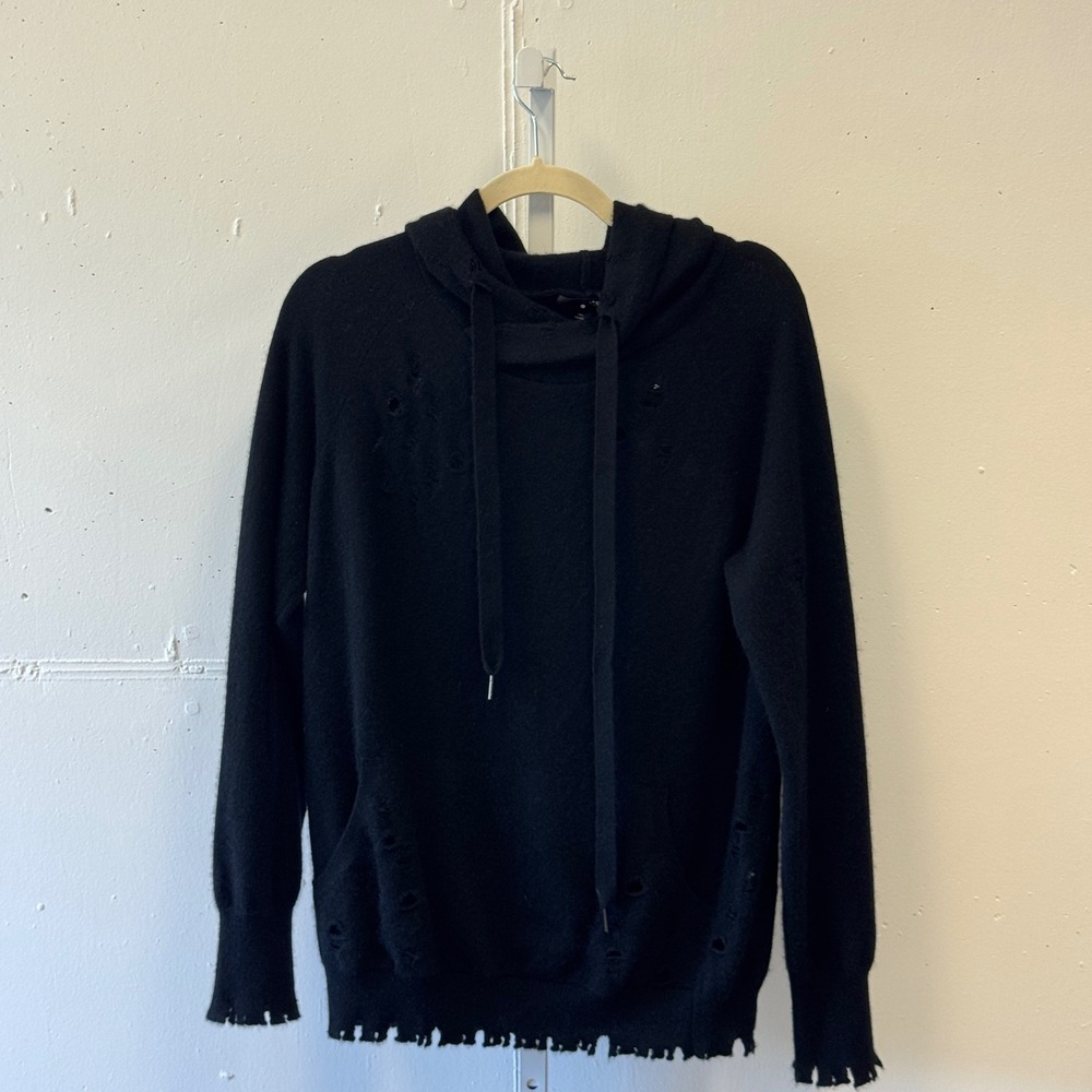 AQUA Black 100% Cashmere Distressed Hoodie Sweater Large Distressed Frayed